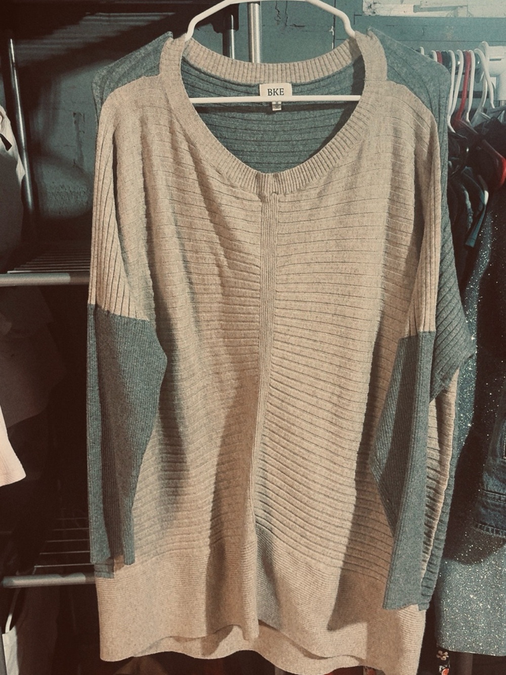 BKE Cream and Gray Ribbed Scoop-Neck Sweater